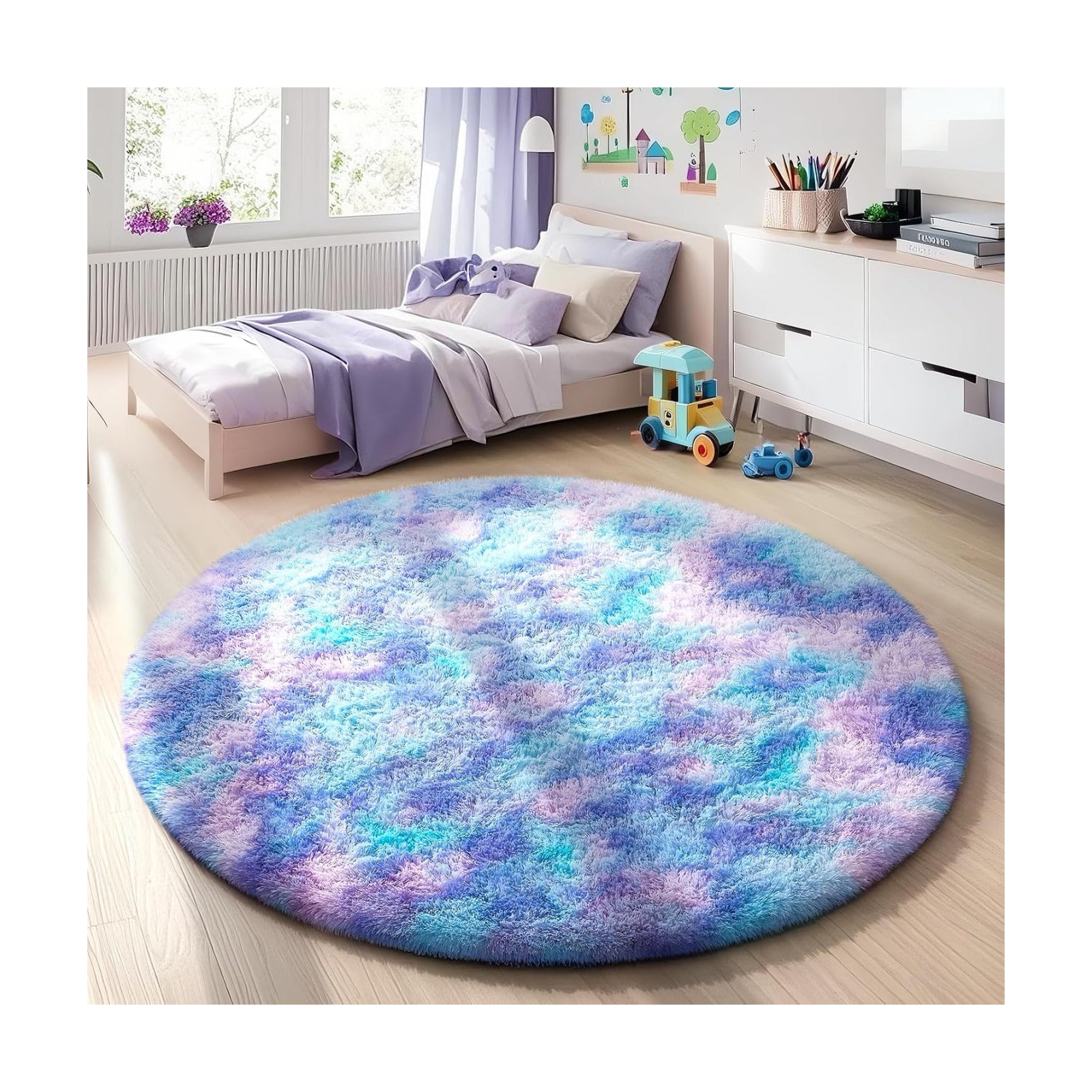 Ophanie Round Rug 4Ft Tie-Dye Rainbow Purple Circle Area Rug, Fluffy Fuzzy Bedroom Carpet,Plush Soft Shaggy Indoor