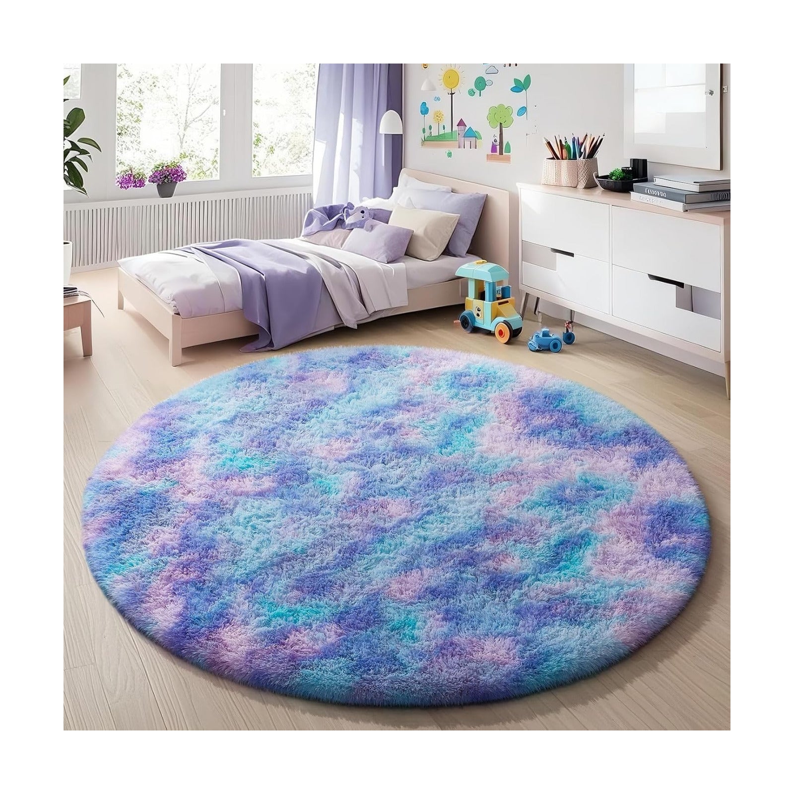 Ophanie Round Rugs 5Ft Tie-Dye Rainbow Purple Area Rug,Aesthetic Room Decor,Fluffy Fuzzy Bedroom Carpet,Plush Soft