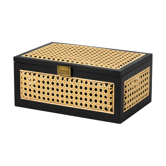 Lid Wooden Frame Boho Rustic Wicker Box Stacking / Large / Black
