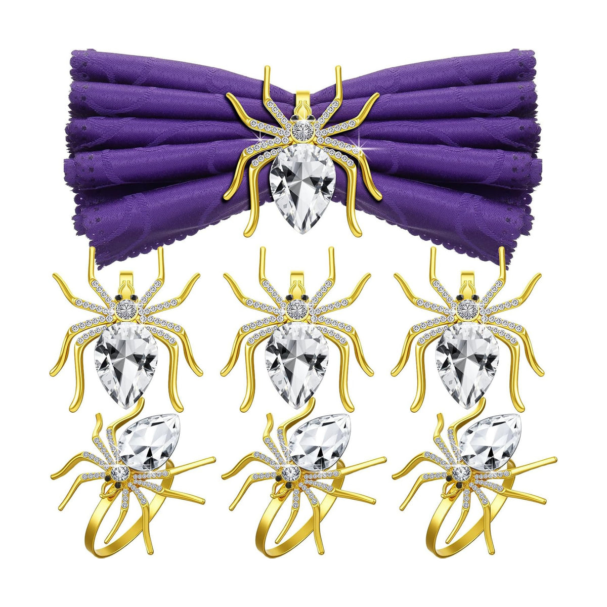 Patelai 6 Pcs Spider Napkin Rings Halloween Metal Spooky Rhinestone Napkin Holder Buckle Serviette Halloween Table Decoration Party Supplies