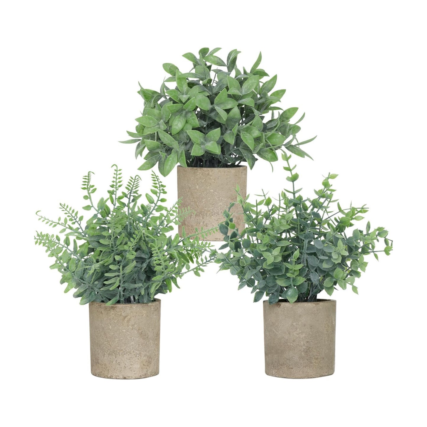Small Fake Plants / Paper Pulp Pot - Gray / Green Eucalyptus & Boston Fern&boxwood / Set of 3