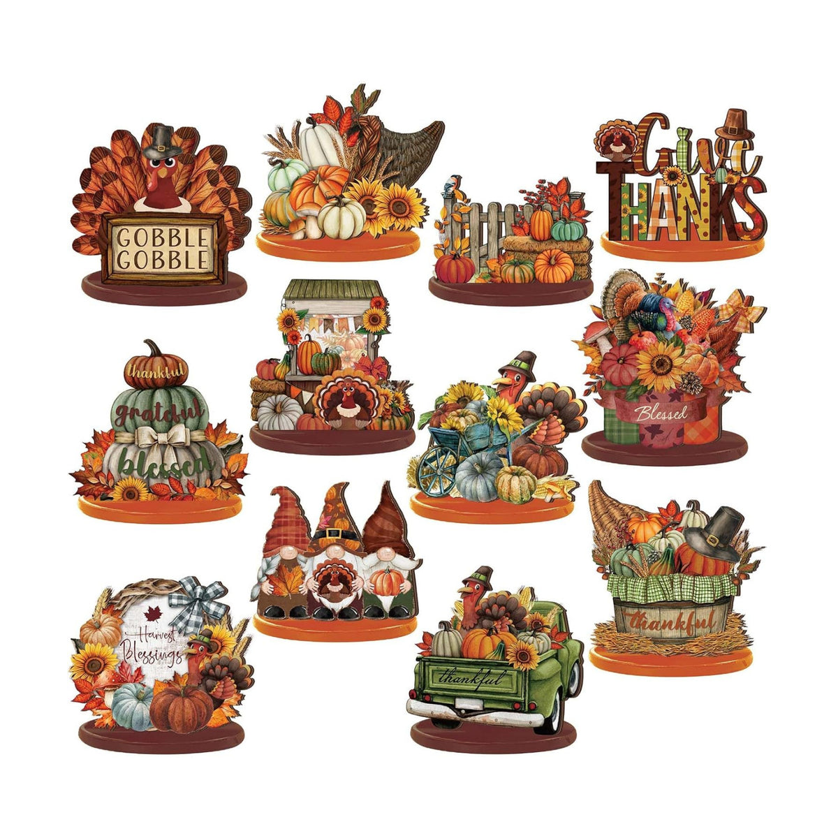 Leinuosen 12 Pcs Fall Decorations for Home Wooden Turkey Decor Thanksgiving Table Decorations Fall Centerpiece Maple Leaves Pumpkin Turkey Wooden Block Sign for Harvest Party Home Tiered Tray