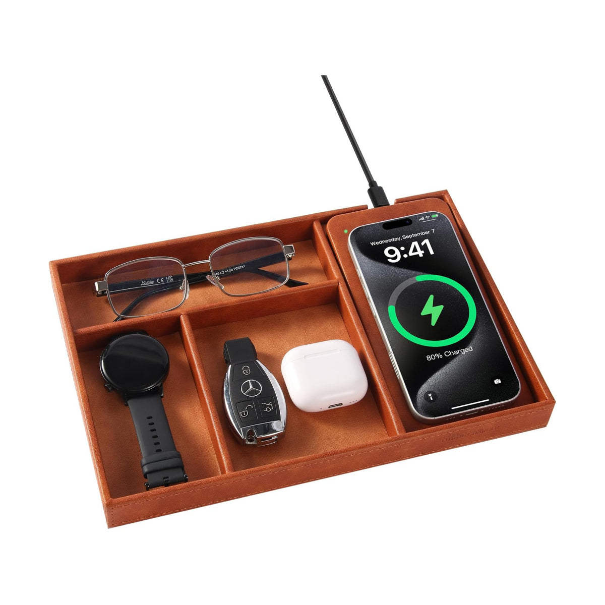 Valet Tray, Built in Wireless Charging Pad, Nightstand Organizer | Two-Toned Premium Leather Desk Bedside Caddy