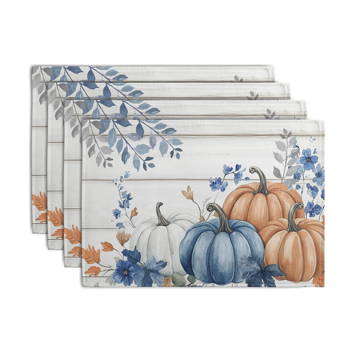 Autumn Placemats Blue Pumpkin Fall Place Mat Eucalyptus Leaves Floral Wood Grain Table Mats Thanksgiving Harvest Linen Placemat Party Kitchen Dining Decoration 12x18 Inch Set of 4