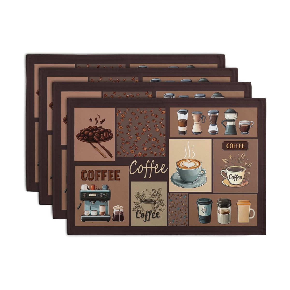 Coffee Theme Placemats Set of 4 Farmhouse Style Brown Linen Fabric Table Mat 12x18 Inch Washable Heat Resistant Non-Slip Place Mats for Home Party Kitchen Dining Decor