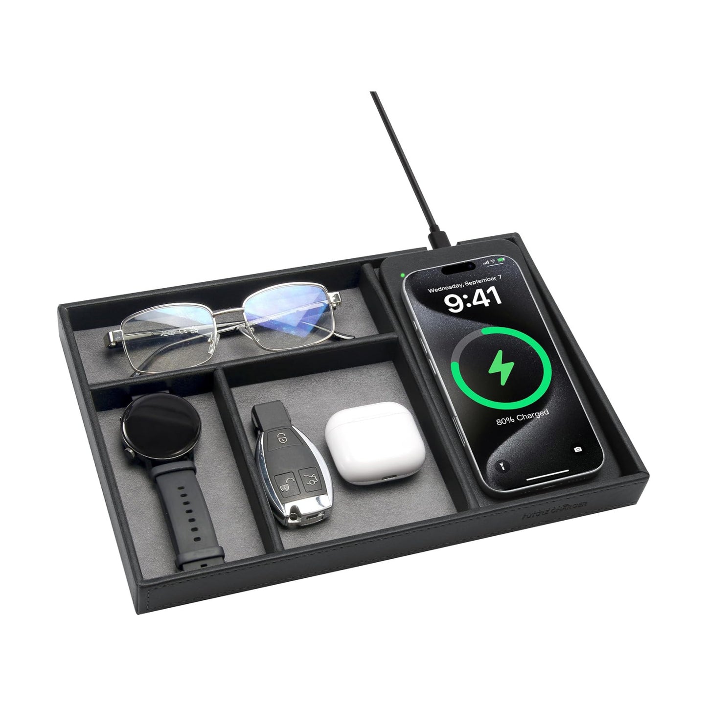 Valet Tray, Built in Wireless Charging Pad, Nightstand Organizer | Two-Toned Premium Leather Desk Bedside Caddy