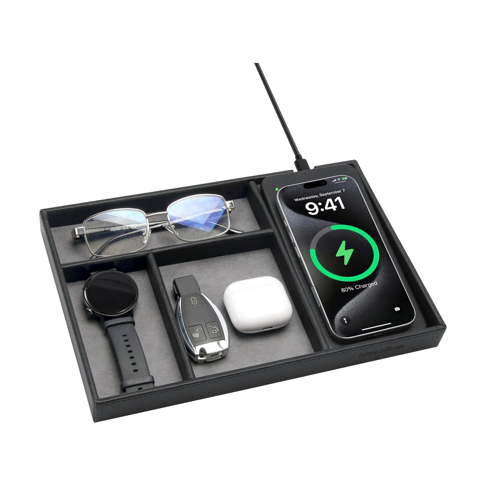 Valet Tray, Built in Wireless Charging Pad, Nightstand Organizer | Two-Toned Premium Leather Desk Bedside Caddy