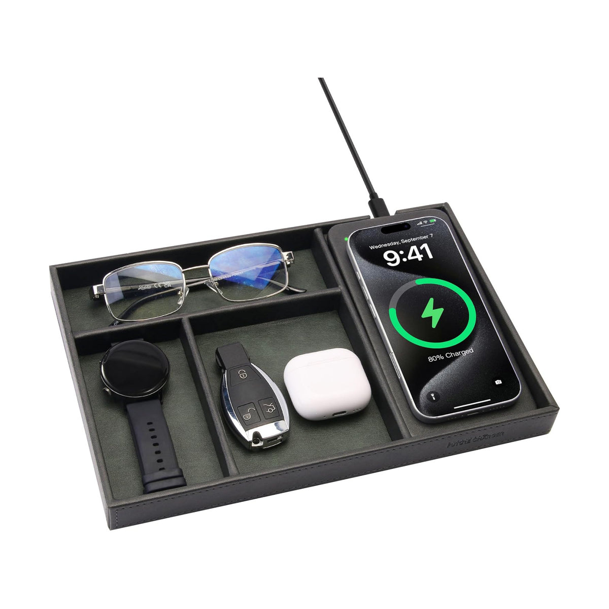 Valet Tray, Built in Wireless Charging Pad, Nightstand Organizer | Two-Toned Premium Leather Desk Bedside Caddy