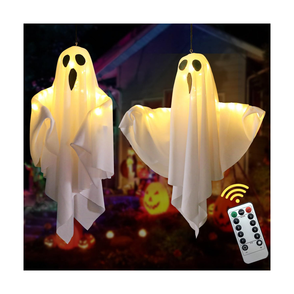 Lifnatty Halloween Hanging Ghost Lights with Remote Control – Floating Ghost Decorations with Timer, 8 Lighting Modes, Battery Operated for Scary Halloween Decor Indoor Outdoor (2-Pack)