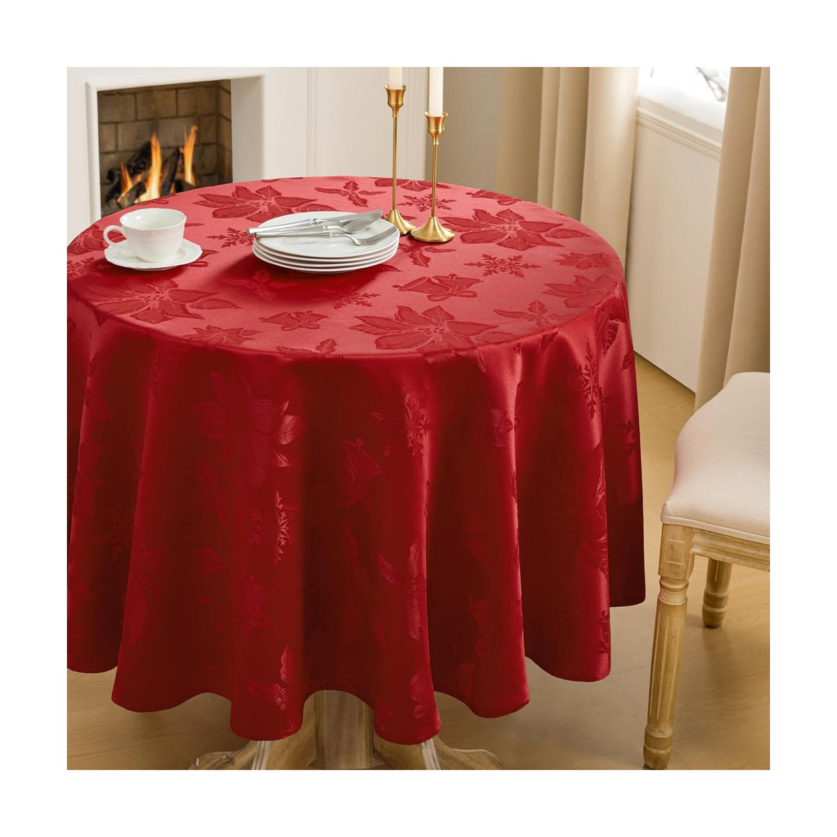 Softalker Christmas Jacquard Round Tablecloth, 70 inch, Red