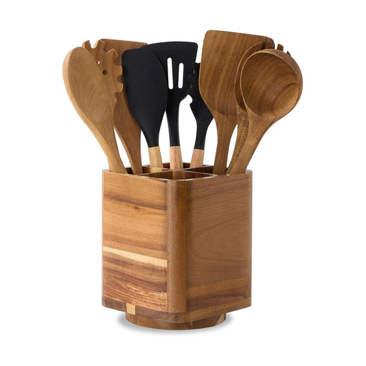 Wood Utensil Holder for Kitchen Counter, 360° Rotating Kitchen Utensil Holder, 7.2"x 6" Large Acacia Cooking Utensil