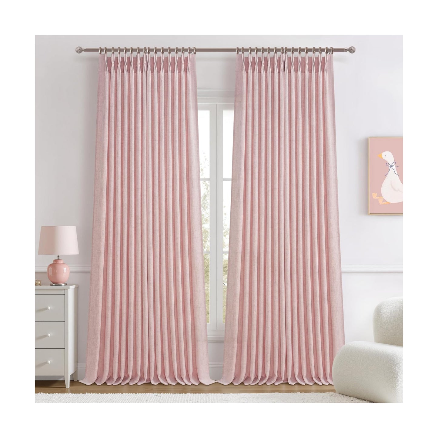 Light-Pink Floor to Ceiling Semi Sheer Extra Long Curtains 108 Inches Length for Office, Pinch Pleat Linen