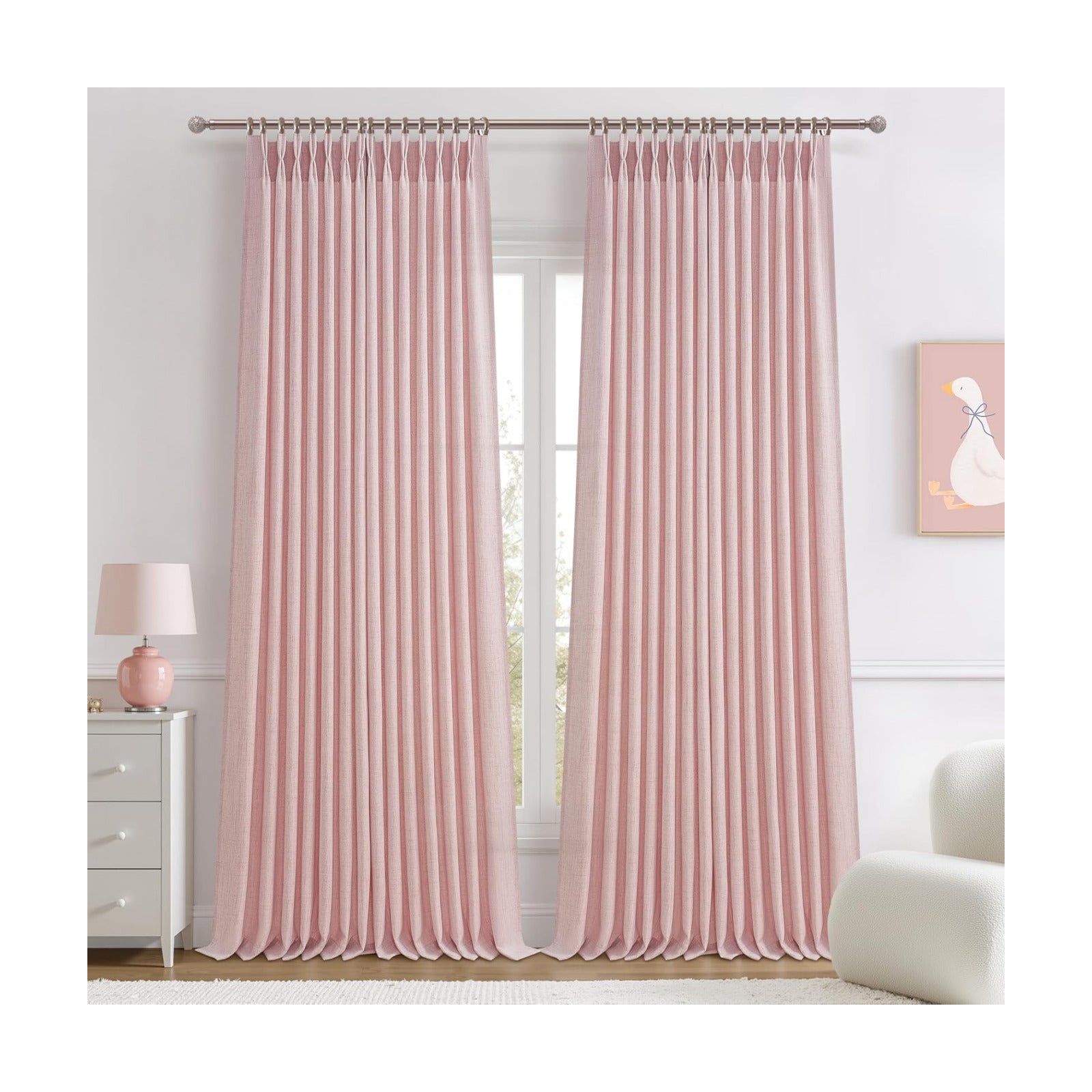Light-Pink Floor to Ceiling Semi Sheer Extra Long Curtains 108 Inches Length for Office, Pinch Pleat Linen