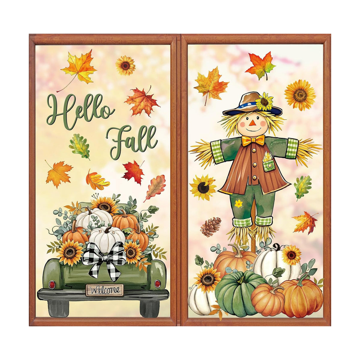 Whaline 6 Sheets Hello Fall Window Clings Green-Orange Scarecrow Maple Leaves Pumpkin Truck Reusable Window Decals for Autumn Harvest Thanksgiving Home Office School Decor