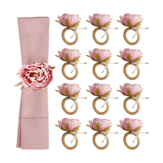 Handcraft Flower Napkin Rings Set of 12, Pink Peony Napkin Holder | Handmade Rose Rustic Table Rings for