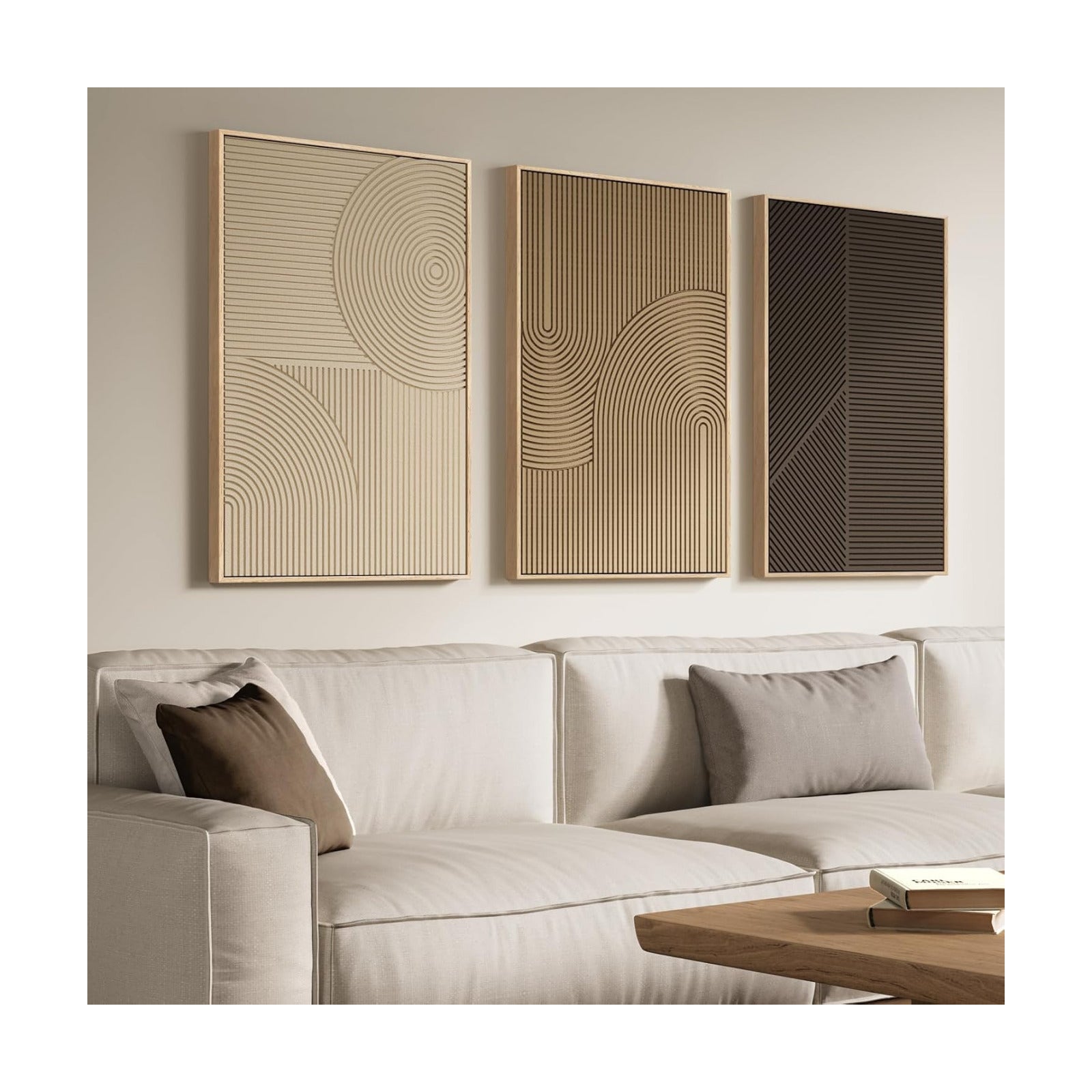 Large 3D Framed Neutral Abstract Wall Art for Living Room, 3 Piece 24x36 In