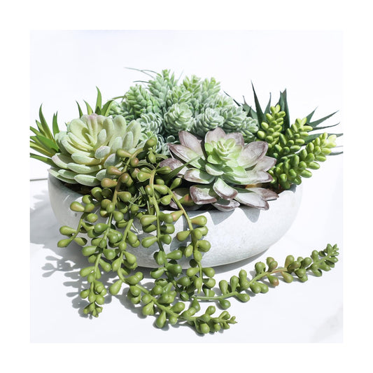 9" Artificial Succulent Arrangement Succulent Plants in Gray Round Planter Faux Potted / Grey