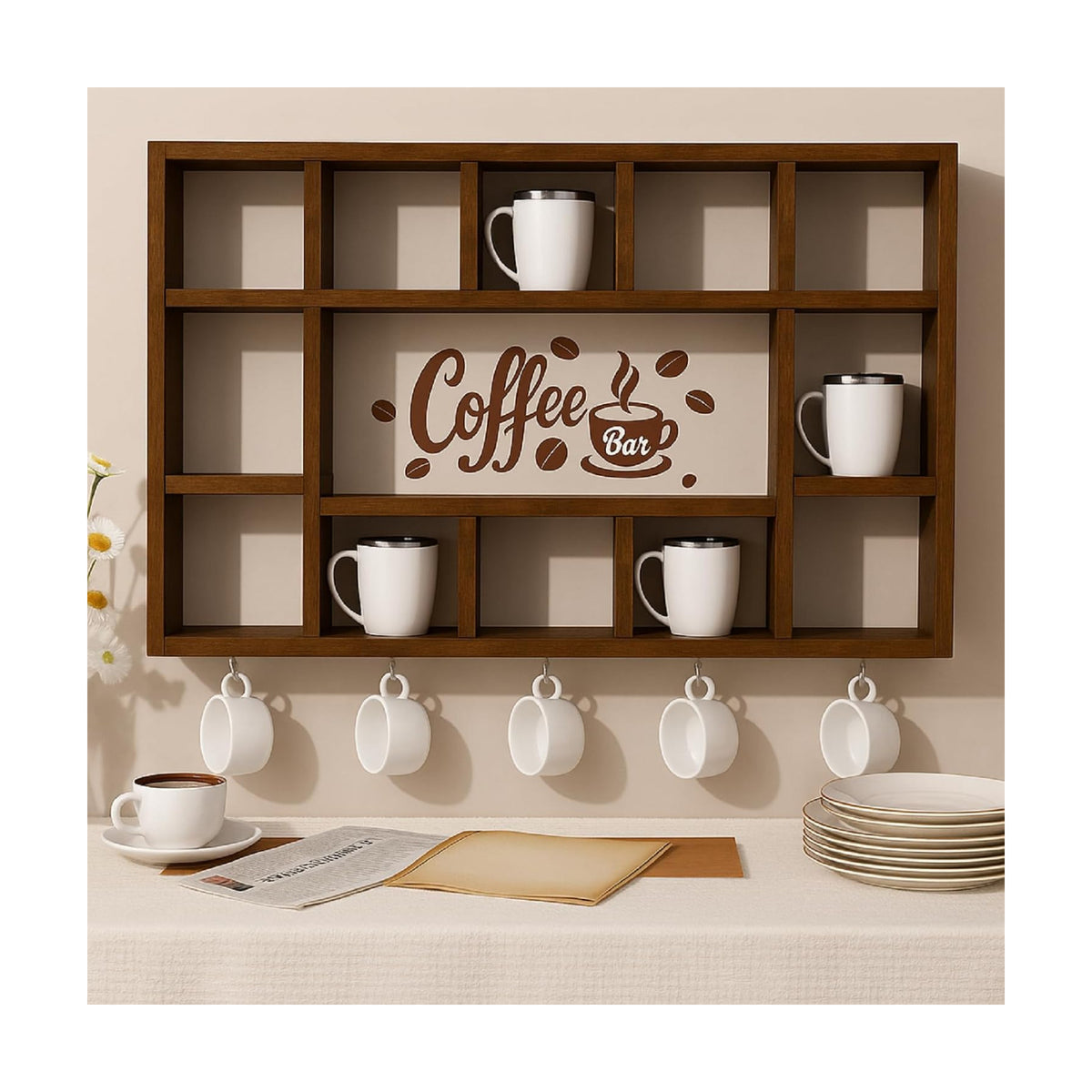 Cinnvoice Oversize Coffee Mug Display Shelf for Wall, Rustic Brown | Wood Coffee Mug Rack, Wall Mounted Shelf, Cubes