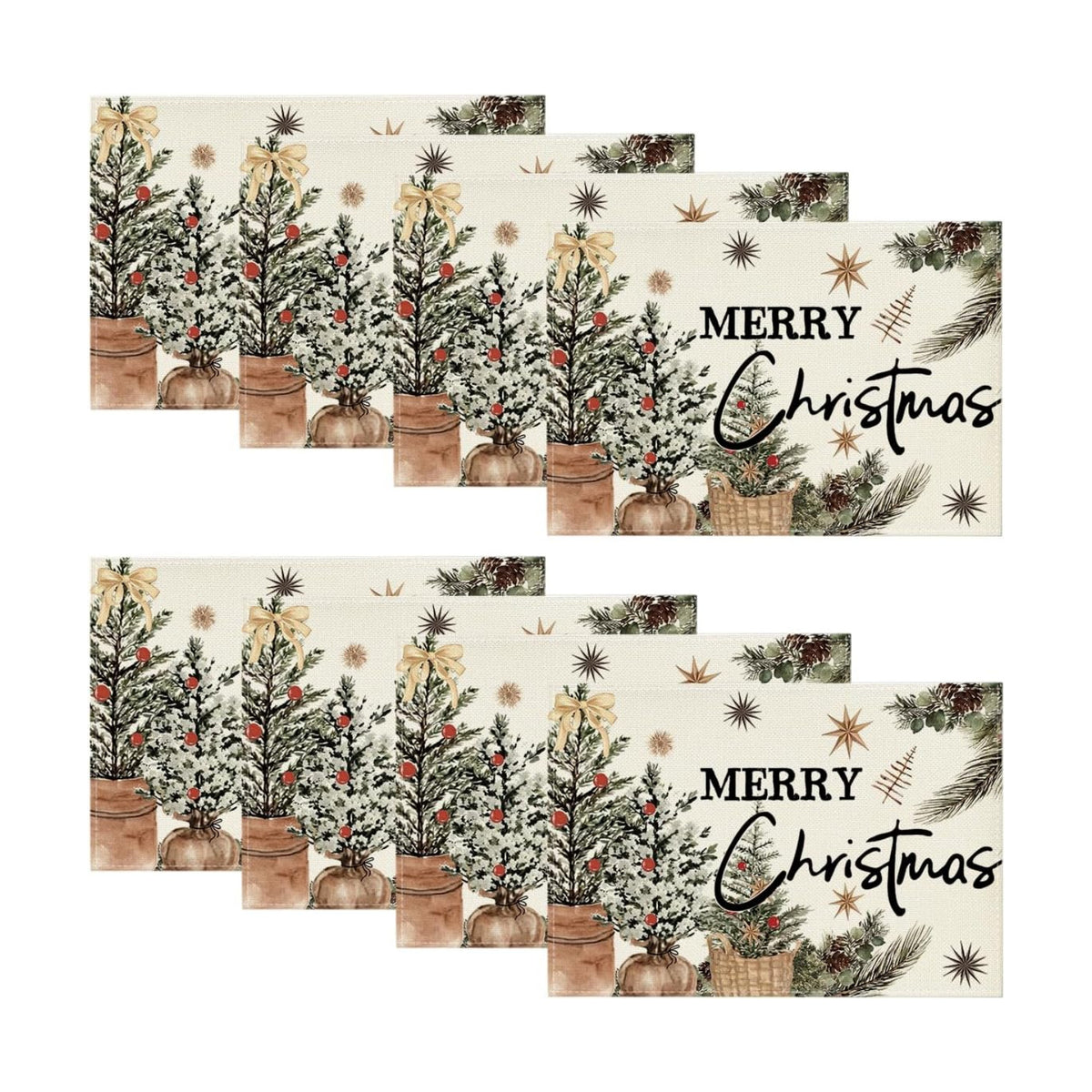 Artoid Mode Xmas Trees Holly Pine Cone Merry Christmas Placemats Set of 8, 12x18 Inch Seasonal Winter Holiday Table Mats for Party Kitchen Dining Decoration