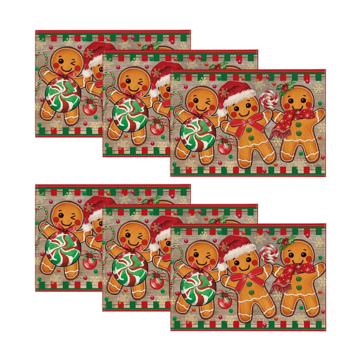 Artoid Mode Wood Gingerbread Candy Cane Christmas Placemats for Dining Table, 12 x 18 Inch Seasonal Winter Washable Table Mats Set of 6