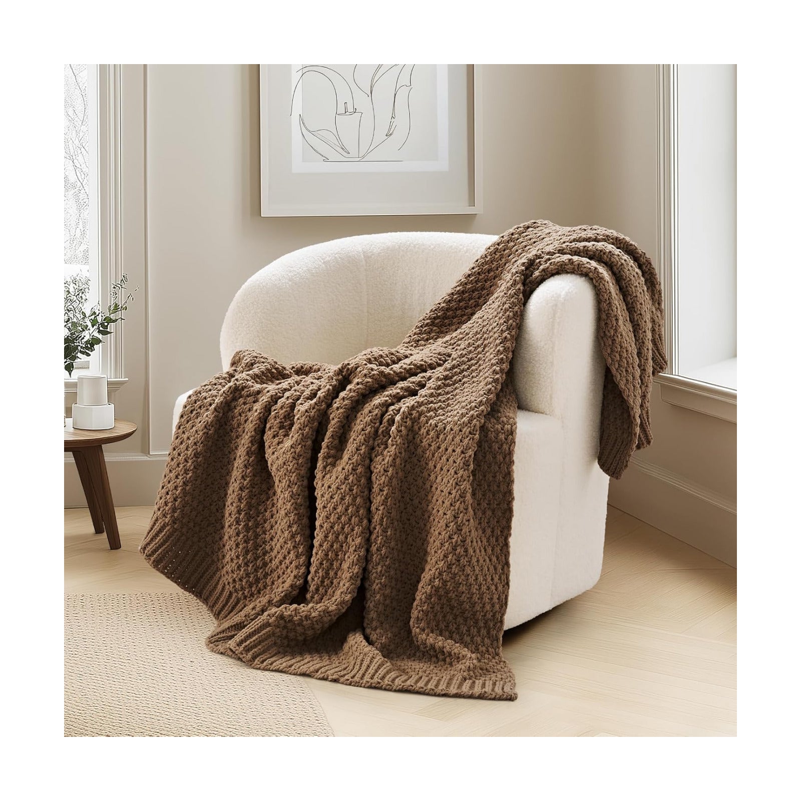 EVERGRACEHOME Chunky Chenille Knit Throw Blanket, 50 x 60, Camel Brown