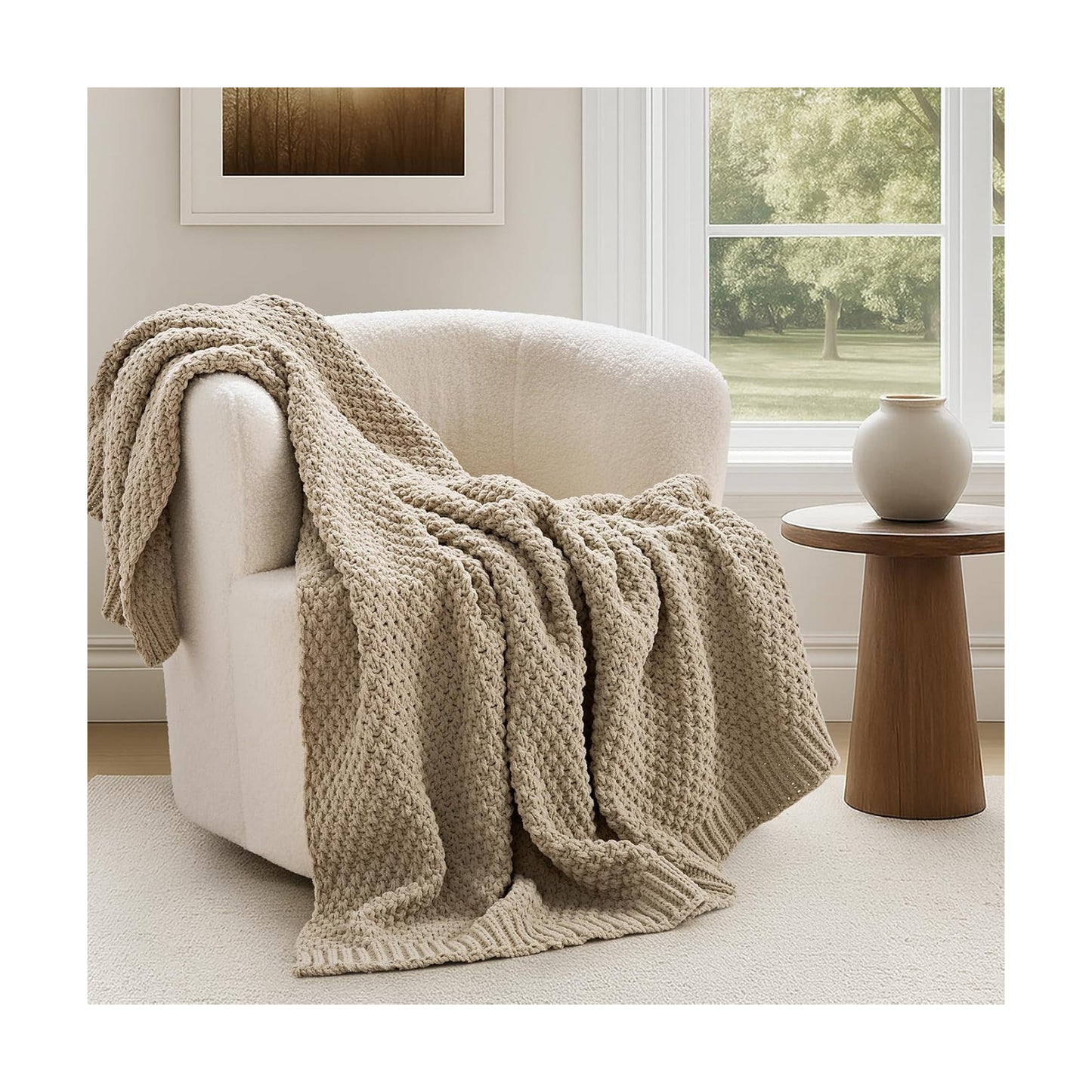 EVERGRACEHOME Chunky Chenille Knit Throw Blanket, 60 x 80, Sand Dune