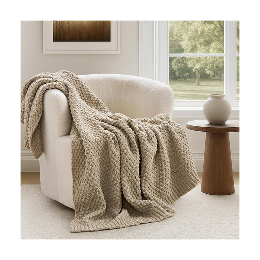 EVERGRACEHOME Chunky Chenille Knit Throw Blanket, 60 x 80, Sand Dune