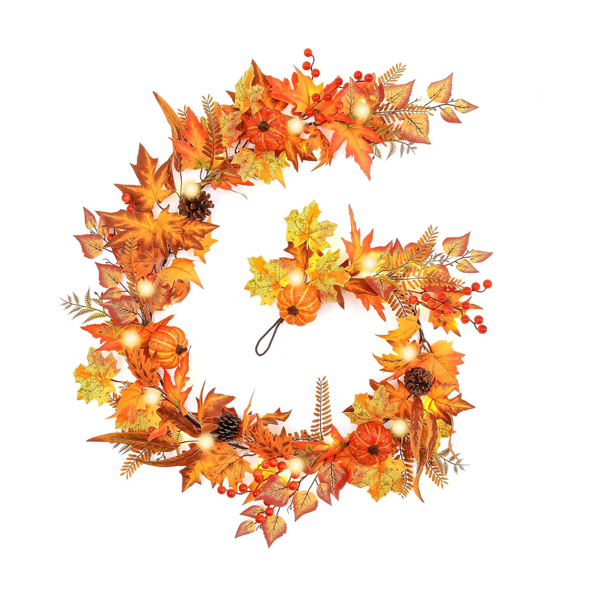 6ft Fall Maple Leaves Garland with Fern, Willow Stems, Berry, Pumpkins, pinecones. Artificial Autumn Harvest Garland for Festivals, Thanksgiving, Halloween, Fireplace Porch Indoor Outdoor Decoration