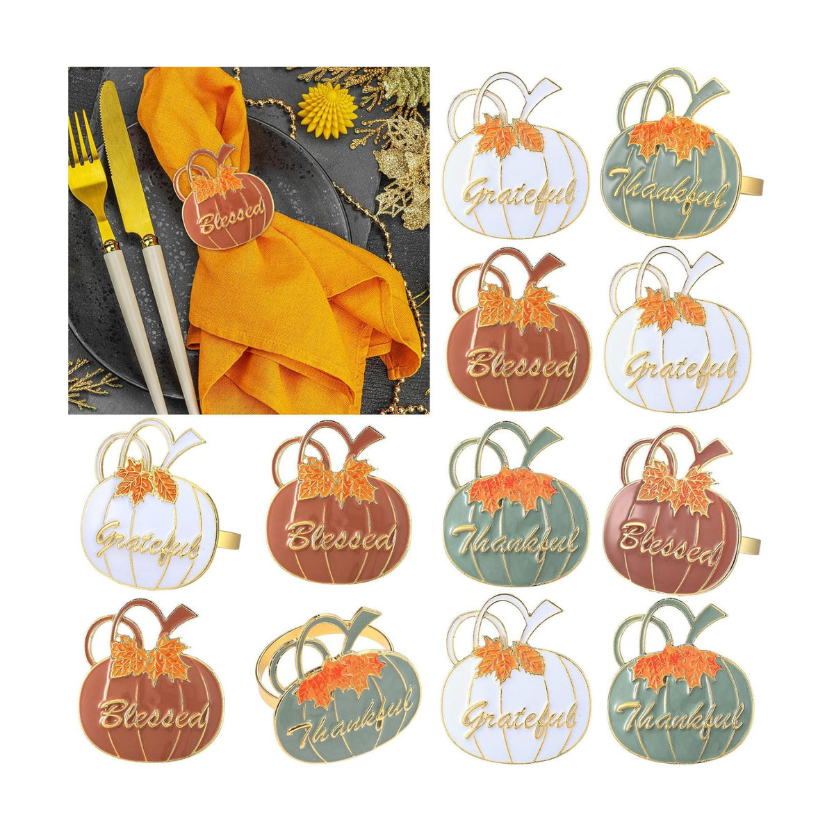 WILLBOND 12 Pcs Fall Thanksgiving Pumpkin Napkin Rings, White Orange Green