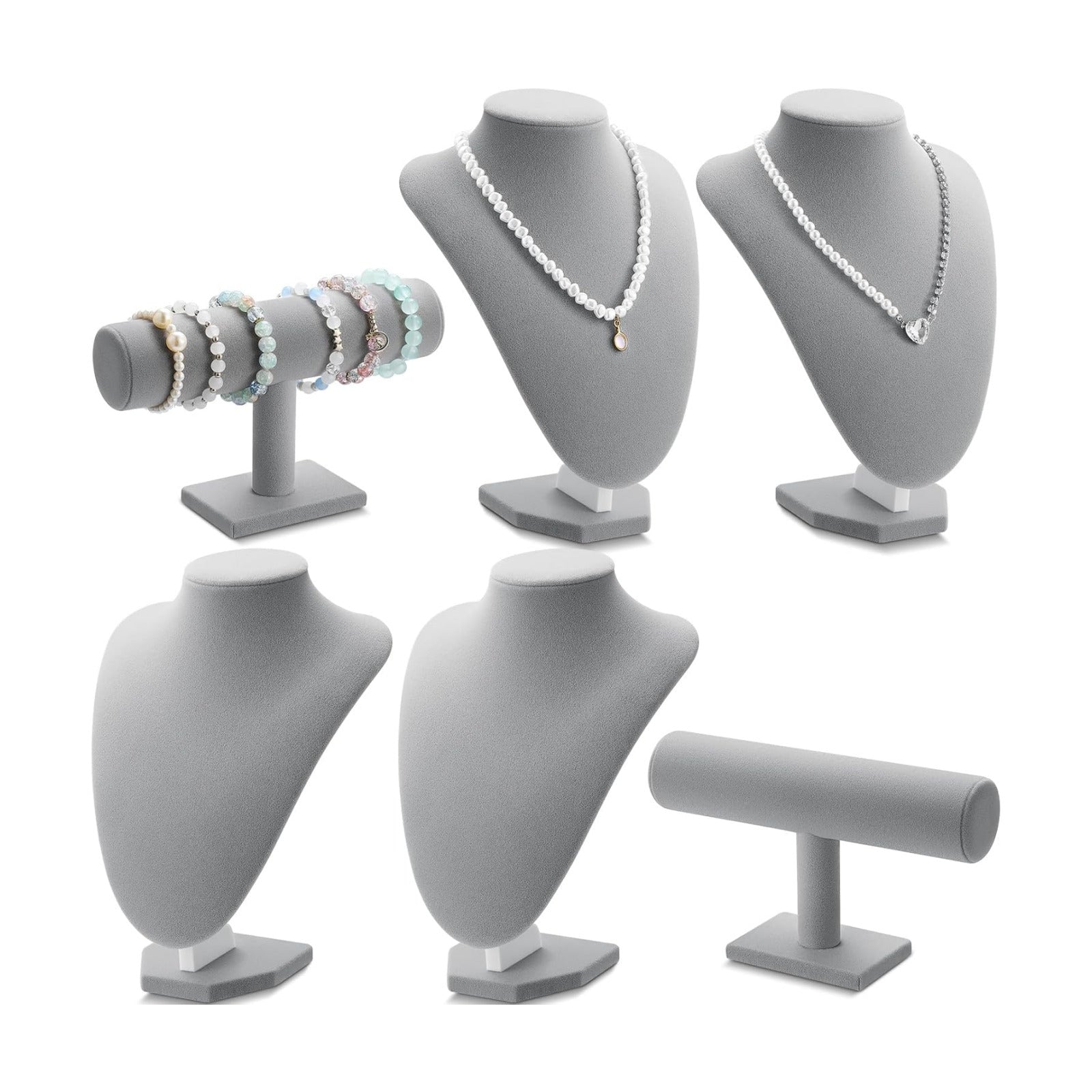 Jewelry Display Set Necklace Display Stand T Bar Bracelet Holder Jewelry / Gray / Velvet / Set of 6