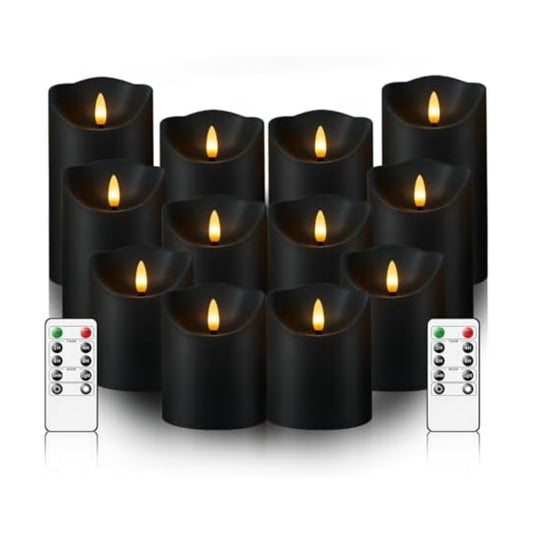 kakoya Flameless LED Candles Battery Operated with Remote and Timer,Flickering Electric Fake Plastic Pillar Candles Set of 12(D3 x H 3" 4" 5") Black