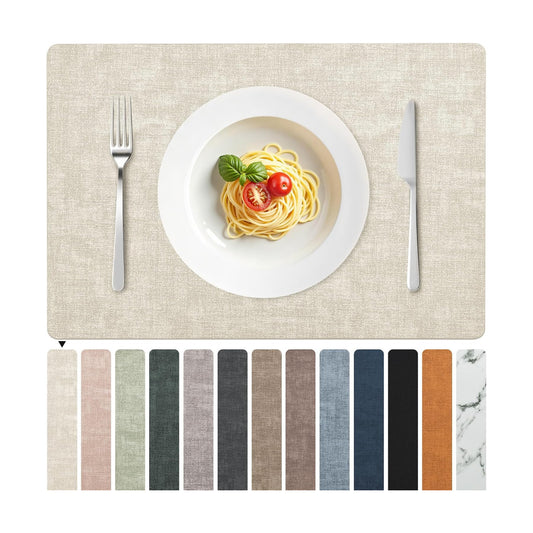 FROMHEART Faux Leather PU Placemats Set of 12 (Beige,11.8" x 17") | Waterproof,Heat/Oil Stain-Resistant Table