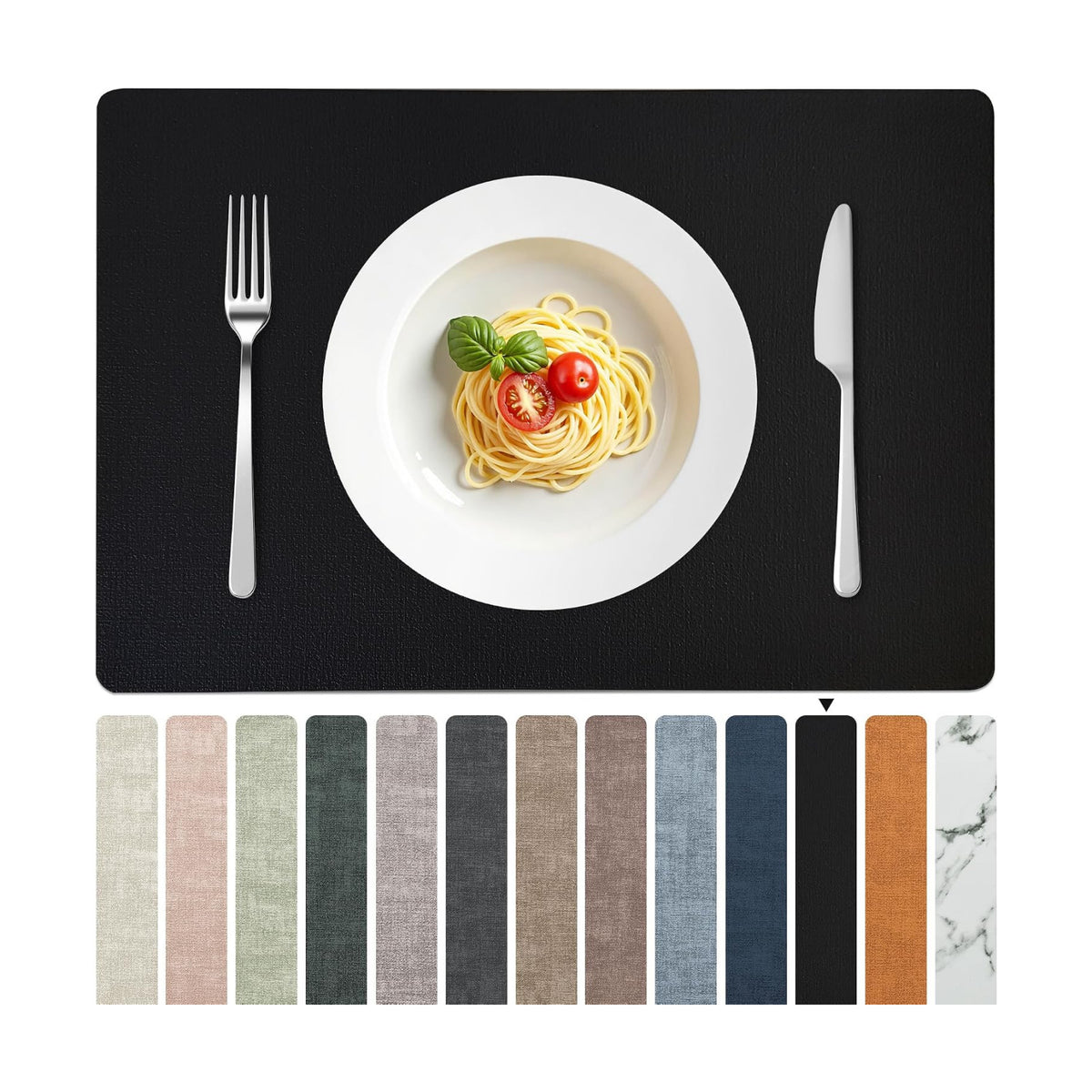 FROMHEART Faux Leather PU Placemats Set of 12 (Black,11.8" x 17") | Waterproof,Heat/Oil Stain-Resistant Table