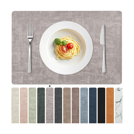FROMHEART Faux Leather PU Placemats Set of 12 (Light Grey,11.8" x 17") | Waterproof,Heat/Oil Stain-Resistant Table