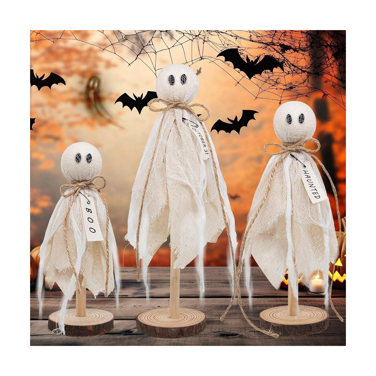 Wooden Ghost Halloween Decorations Indoor– Set of 3 Sizes Rustic Shelf Sitters with Fabric Ghost Figures – Halloween Table Decor for Tiered Tray, Mantel, Halloween Party Supplies（White）