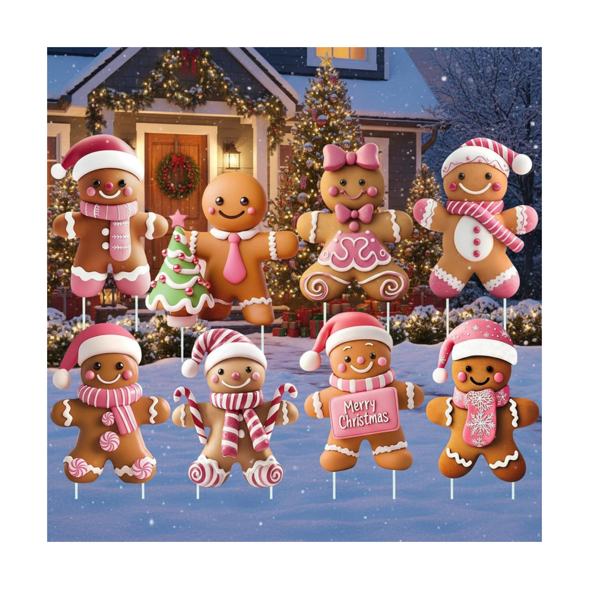 8 Pcs 3D Christmas Gingerbread Yard Signs Outdoor Decor, Elegant