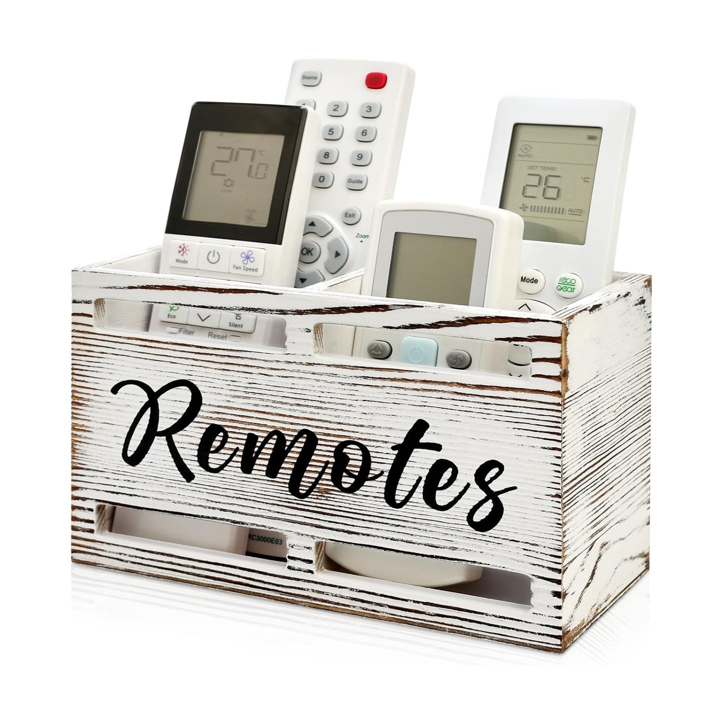 Wooden Remote Control Holder Wall Mount Remote Organizer / Rustic White / 2 Slot