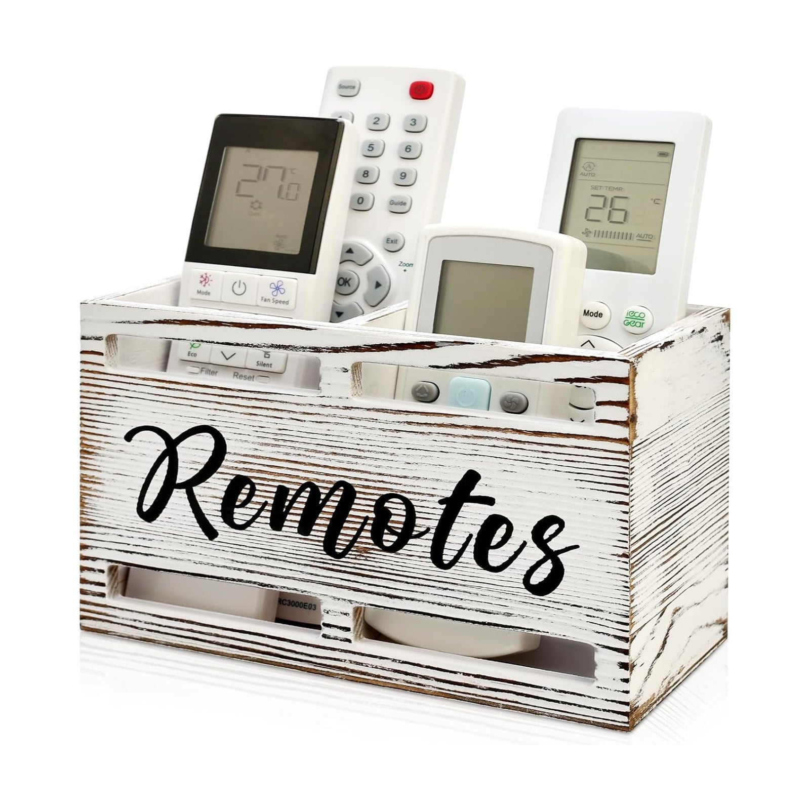 Wooden Remote Control Holder Wall Mount Remote Organizer / Rustic White / 2 Slot
