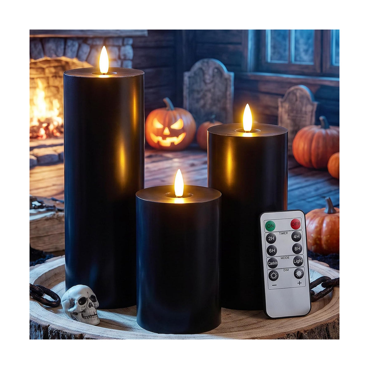 3 Pcs Halloween 6/8/12 Inches Black Flameless LED Candles with Remote and 2/4/8h Timer Battery Operated Electric Wax