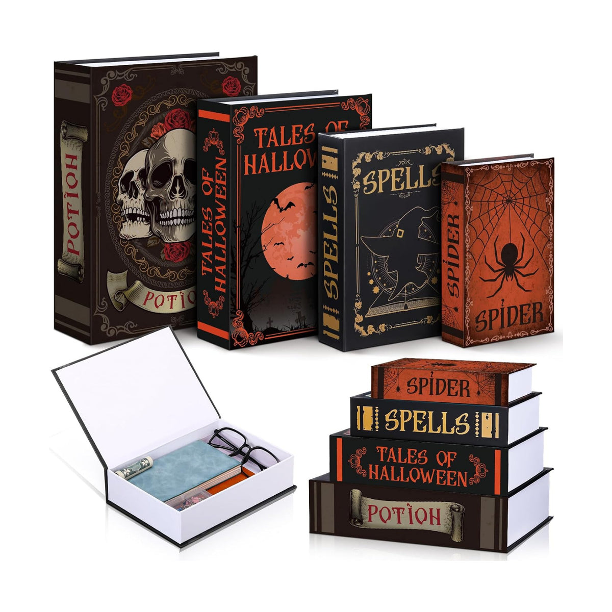 Sabary Set of 4 Decorative Books Boxes Faux Books Stacked for Coffee Tables Modern Home Bookshelves DIY Crafts Decor (Skull Style)