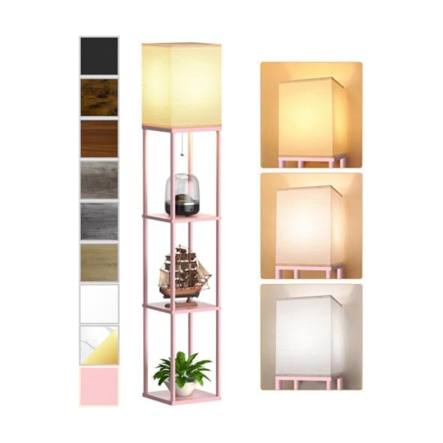 Pink Floor Lamp with Shelves for Living Room, Shelf Floor Lamp with 3 CCT LED Bulb, Corner Display Standing Column Lamp