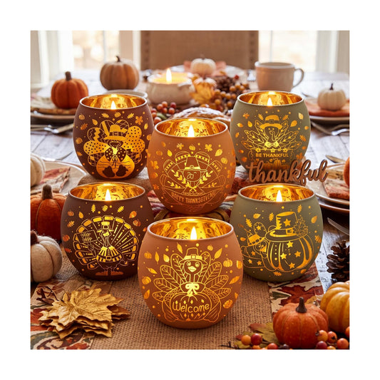 Jingmore 6 Pcs Glass Votive Holders, Thanksgiving, Multicolor