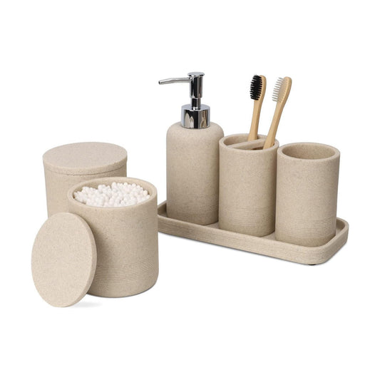Beige Bathroom Accessories Set 6 Pieces - Toothbrush Holder, Lotion Dispenser, Qtip Container, Vanity Tray, Tumbler