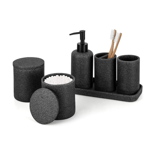 Black Stone Bathroom Accessories Set 6 Pieces - Toothbrush Holder, Lotion Dispenser, Qtip Container, Vanity Tray