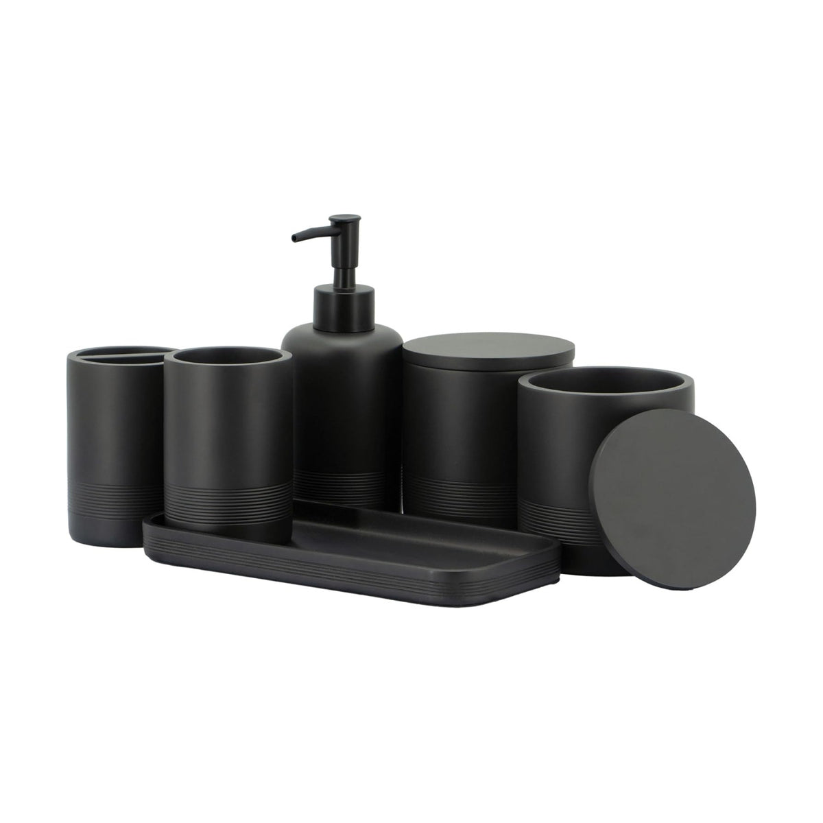 Black Matte Bathroom Accessories Set 6 Pieces - Toothbrush Holder, Lotion Dispenser, Qtip Container, Vanity Tray