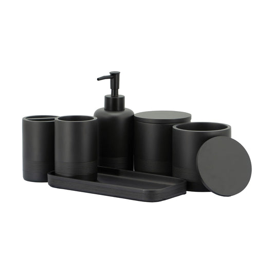 Black Matte Bathroom Accessories Set 6 Pieces - Toothbrush Holder, Lotion Dispenser, Qtip Container, Vanity Tray