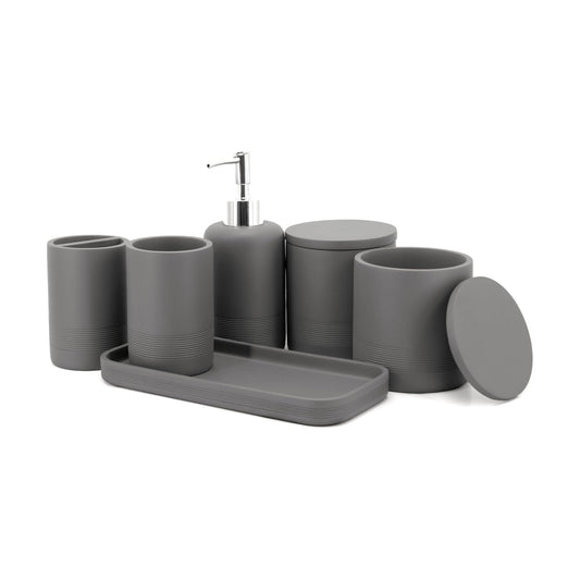 Gray Bathroom Accessories Set 6 Pieces - Toothbrush Holder, Lotion Dispenser, Qtip Container, Vanity Tray, Tumbler