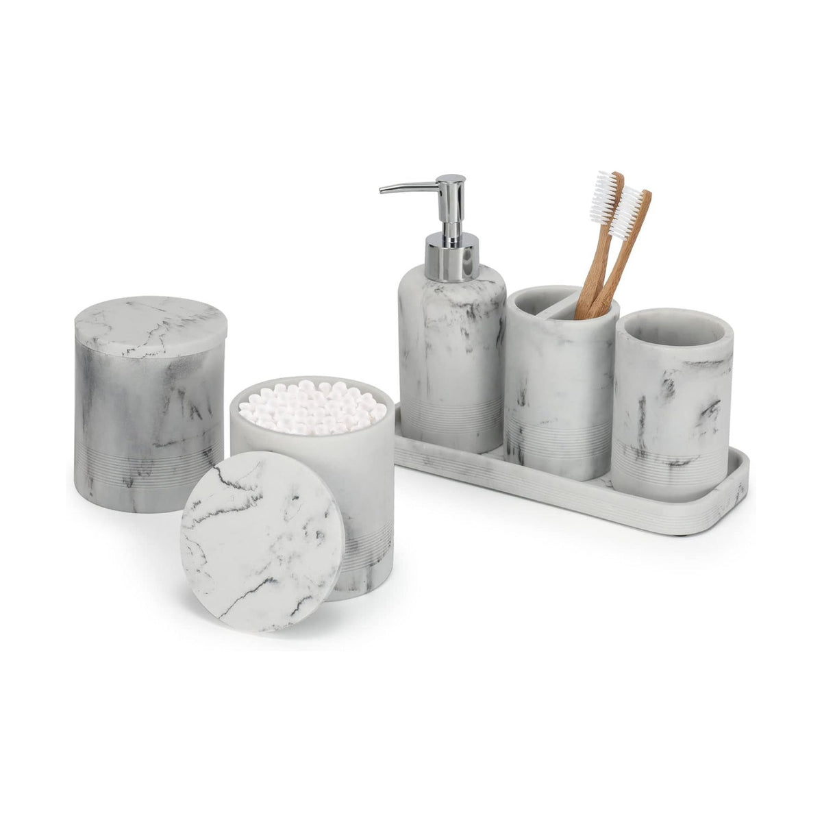 White Marble Bathroom Accessories Set 6 Pieces - Toothbrush Holder, Lotion Dispenser, Qtip Container, Vanity Tray