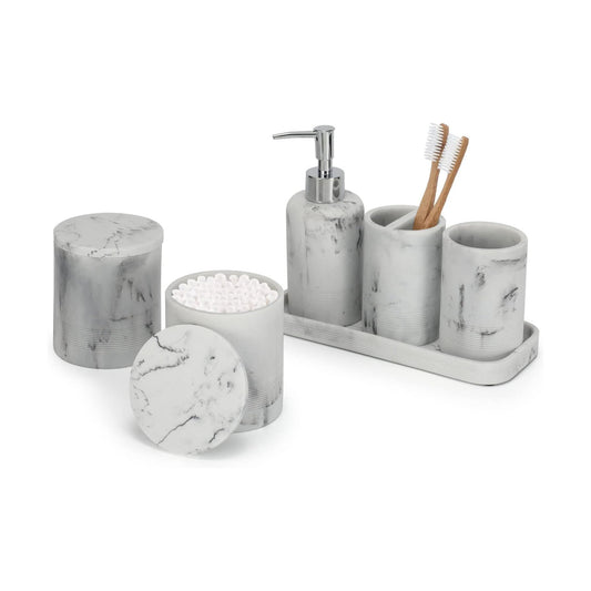 White Marble Bathroom Accessories Set 6 Pieces - Toothbrush Holder, Lotion Dispenser, Qtip Container, Vanity Tray
