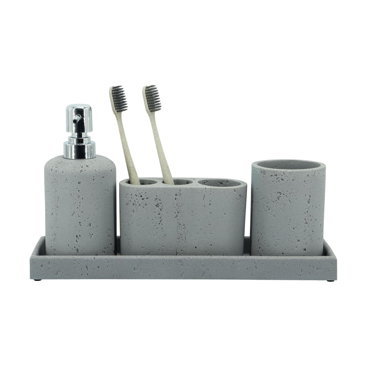 Beige Bathroom Accessories Set 4 Pcs - Toothbrush Holder, Soap Dispenser, Vanity Tray, Bathroom Tumbler - Countertop